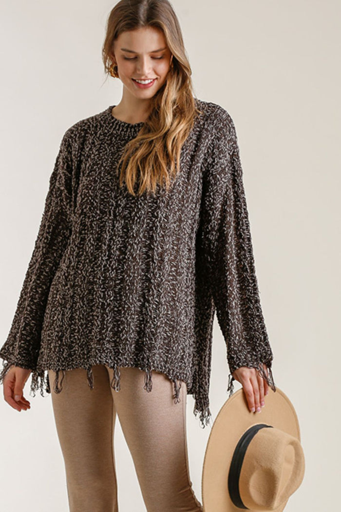 Umgee Full Size Frayed Hem Cable Knit Round Neck Sweater Plus Size - Brittney MADE