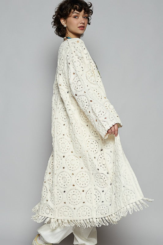 POL Crochet Fringe Open Front Longline Cardigan - Brittney MADE