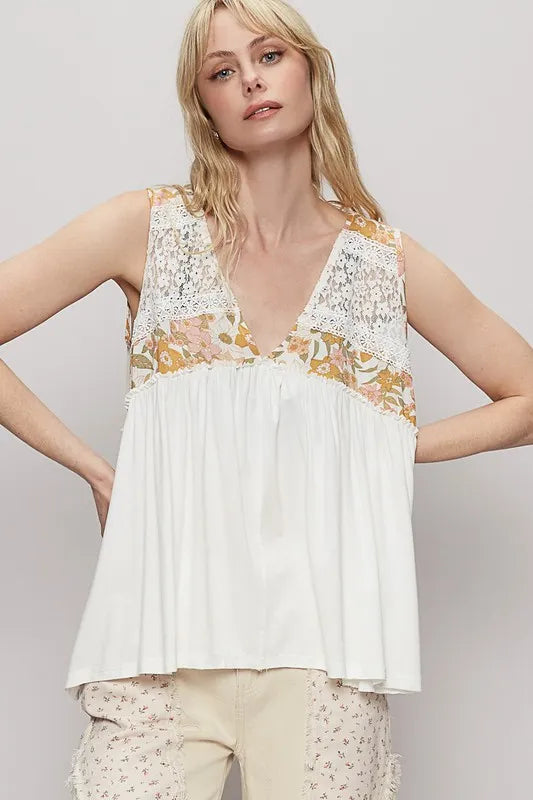 POL Lace Detail Frill Floral V-Neck Sleeveless Top - Brittney MADE