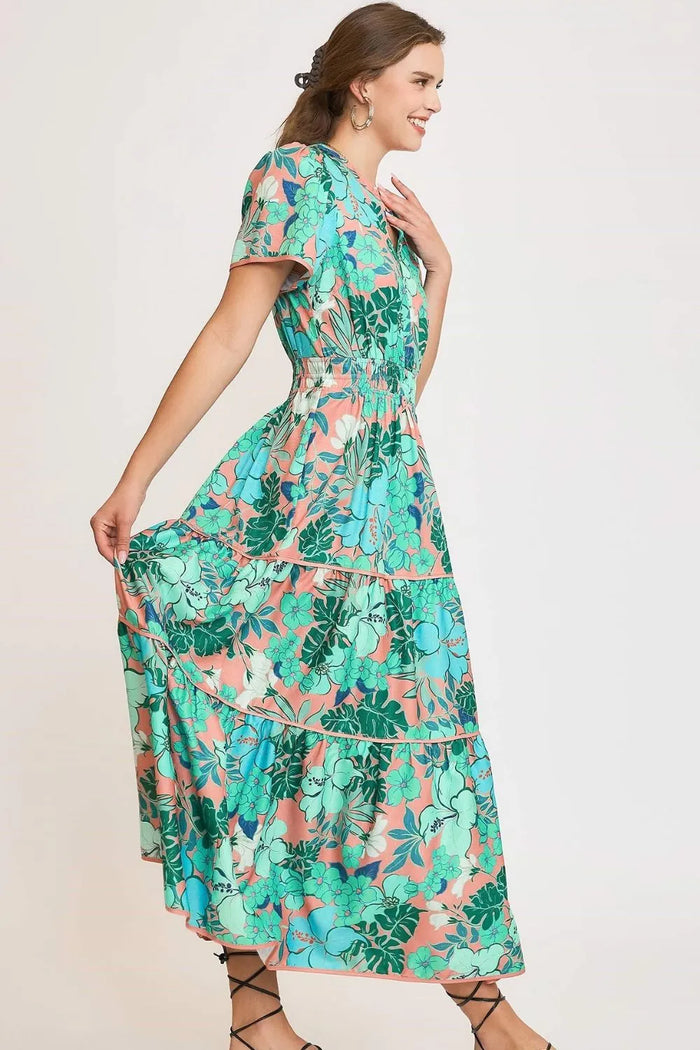 Umgee Full Size Printed Notched Short Sleeve Tiered Dress Plus Size - Brittney MADE