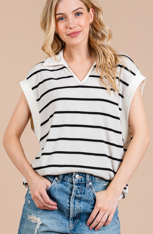 Ces Femme Collared Neck Contrast Striped Sweater Vest - Brittney MADE