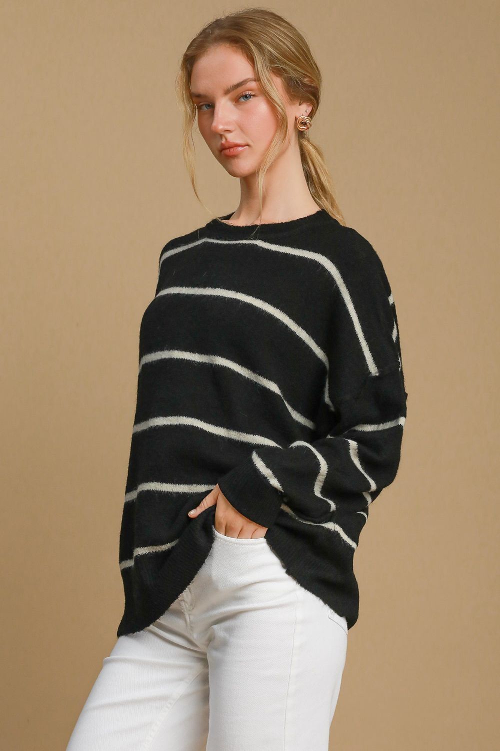 Umgee Wool Blend Striped Round Neck Sweater - Brittney MADE