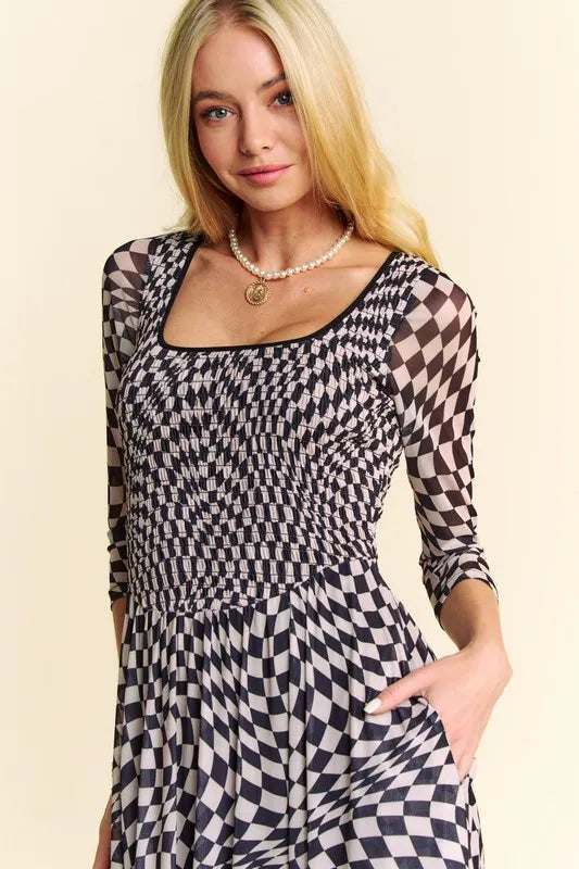 Davi & Dani Printed Checker Mesh Flowy Maxi Dress - Brittney MADE