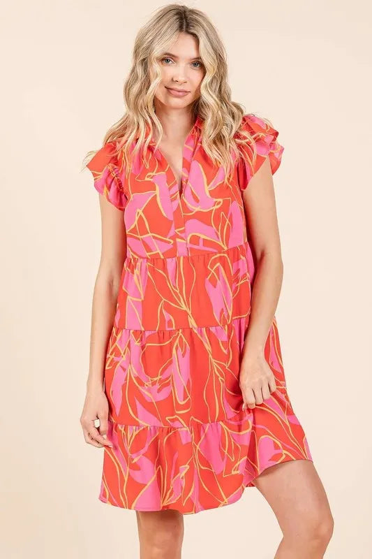 Mittoshop Leaf Print Ruffle Sleeve Tiered Mini Dress - Brittney MADE