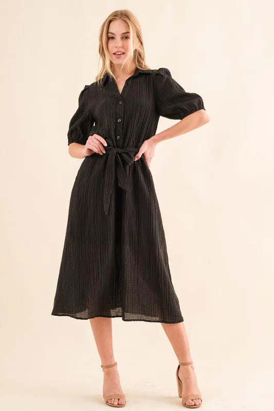 And The Why Waffle Textured Ribbon Waist Midi Dress - Brittney MADE