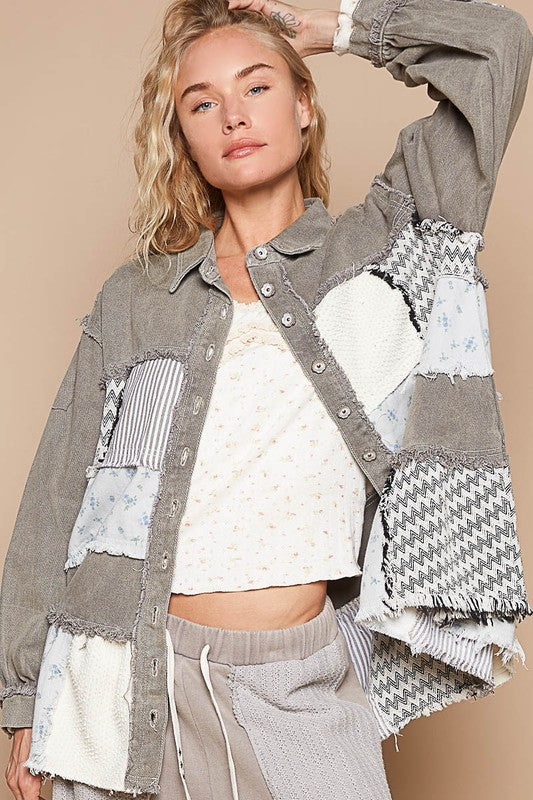 POL Raw Hem Patchwork Dropped Shoulder Jacket - Brittney MADE