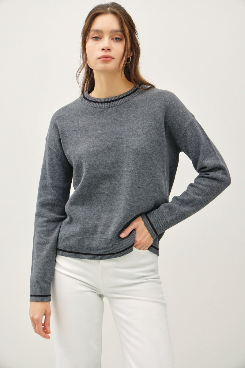 Be Cool Striped Trim Round Neck Long Sleeve Sweater - Brittney MADE
