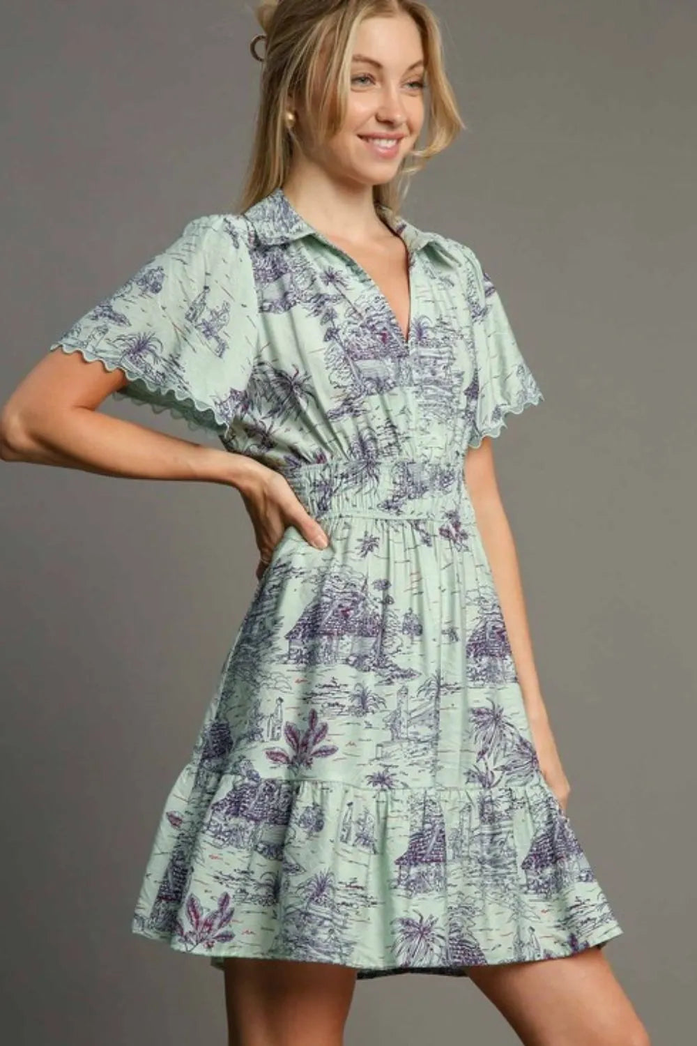 Umgee Full Size Landscape Print Collared Mini Dress Plus Size - Brittney MADE