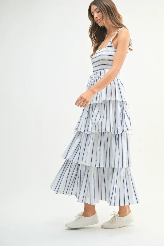 MABLE Pin Stripe Smocked Bodice Layered Midi Dress - Brittney MADE