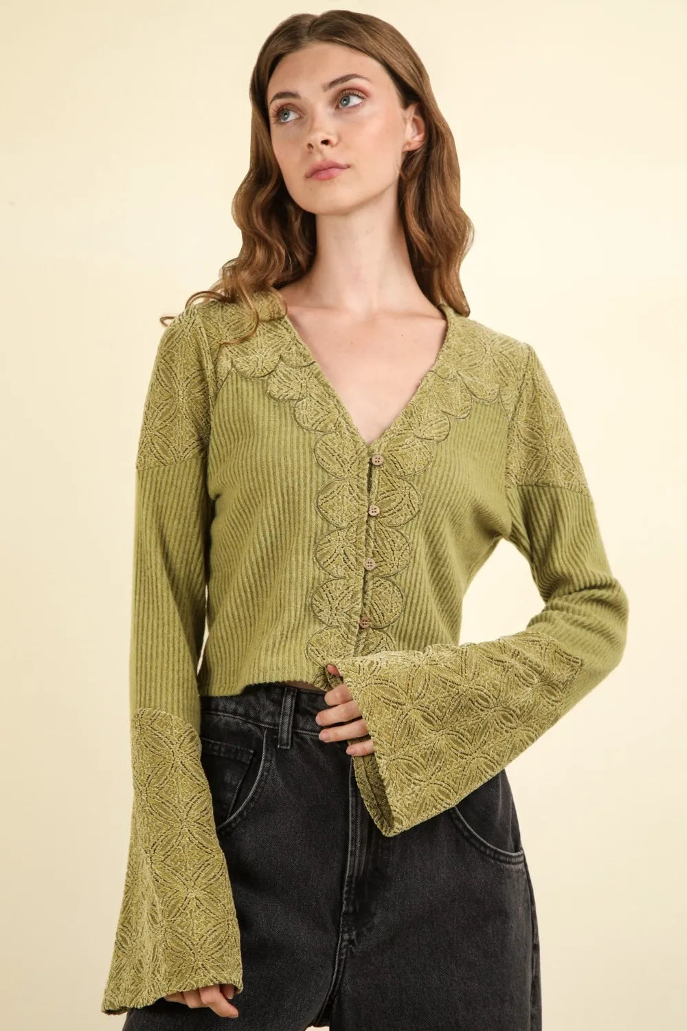 VERY J V-Neck Lace Detail Button Down Crop Ribbed Knit Top - Brittney MADE