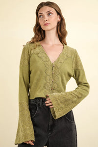 VERY J V-Neck Lace Detail Button Down Crop Ribbed Knit Top - Brittney MADE