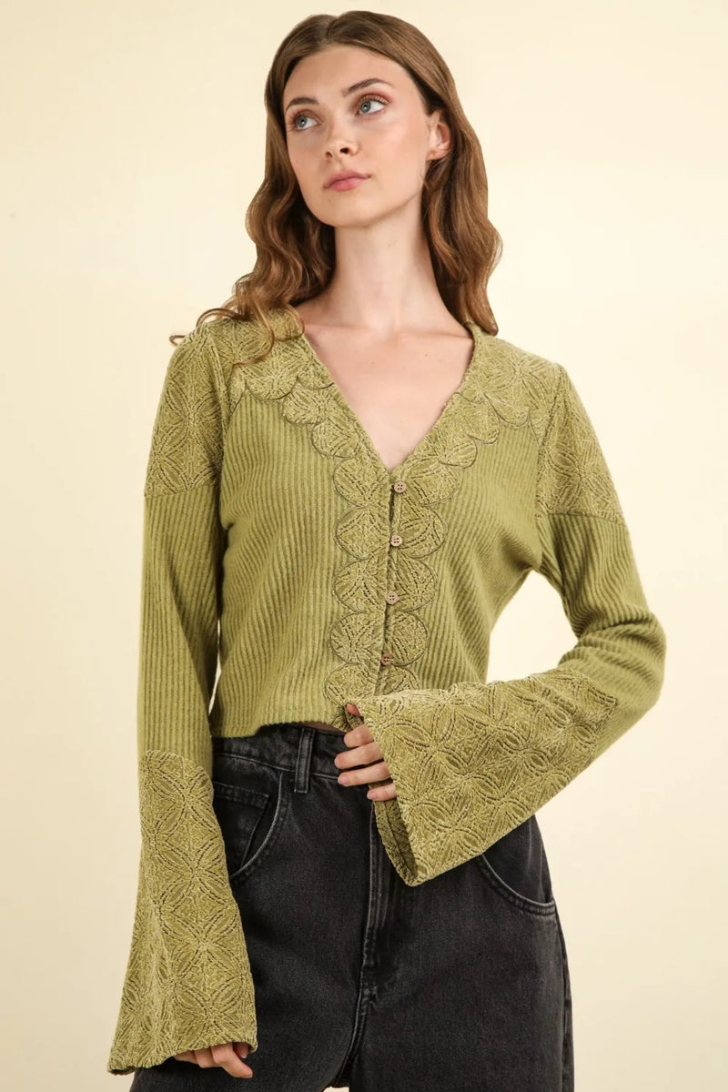 VERY J V-Neck Lace Detail Button Down Crop Ribbed Knit Top - Brittney MADE