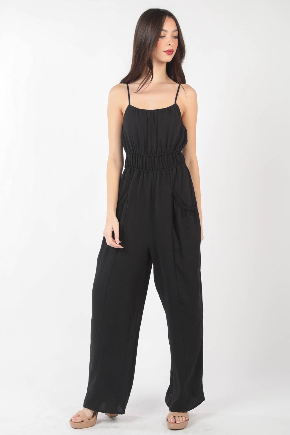 VERY J Pintuck Detail Woven Sleeveless Jumpsuit - Brittney MADE