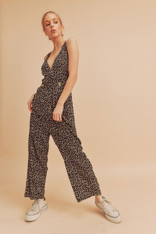 Aemi + Co Ditsy Floral Surplice Sleeveless Wide Leg Jumpsuit - Brittney MADE