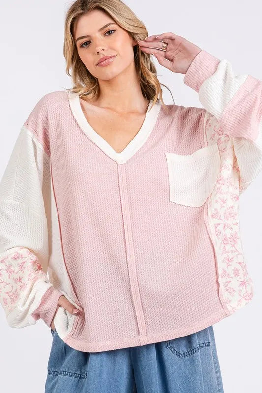 SAGE + FIG Floral Long Sleeve V-Neck Waffle Knit Top - Brittney MADE