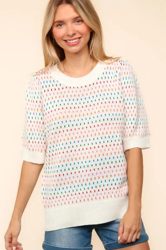 Haptics Round Neck Half Sleeve Multi Color Knit Top - Brittney MADE