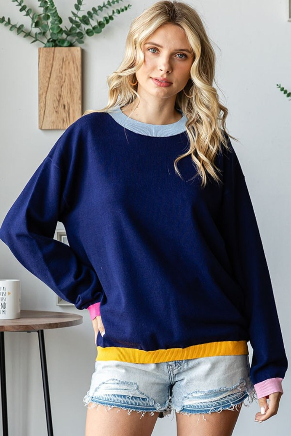 First Love Contrast Ribbed Round Neck Long Sleeve Sweater - Brittney MADE