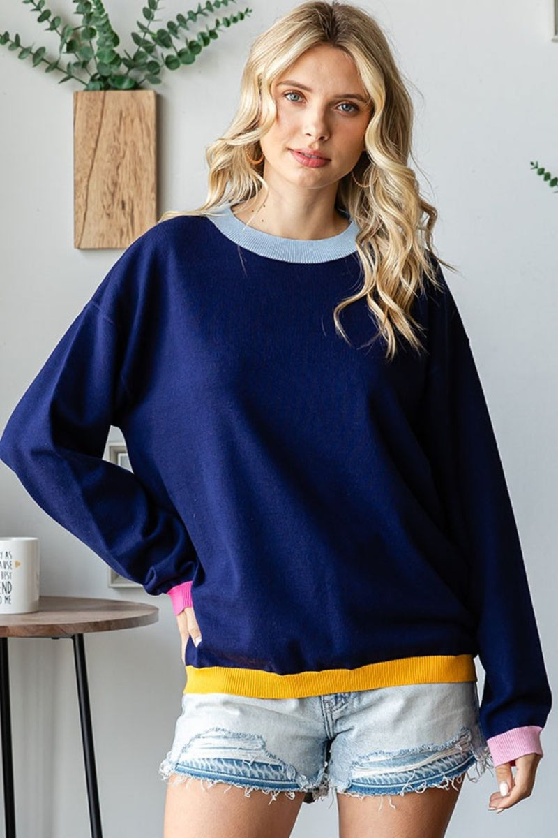 First Love Contrast Ribbed Round Neck Long Sleeve Sweater - Brittney MADE