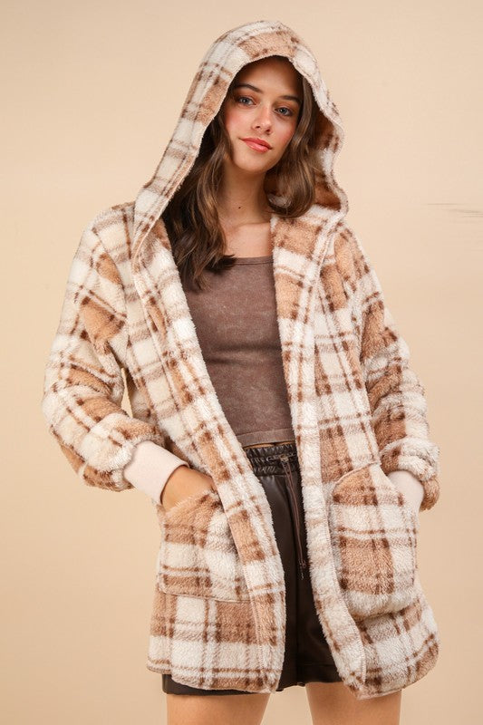 VERY J Fuzzy Plaid Long Sleeve Hooded Jacket - Brittney MADE