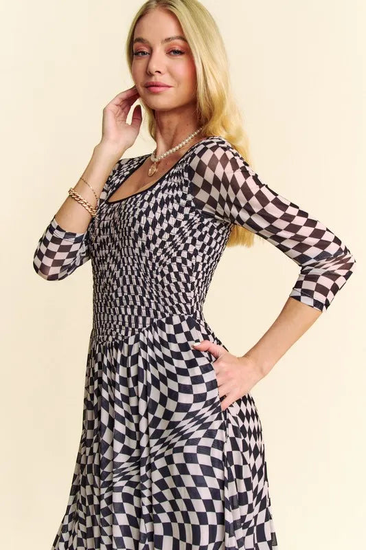 Davi & Dani Printed Checker Mesh Flowy Maxi Dress - Brittney MADE