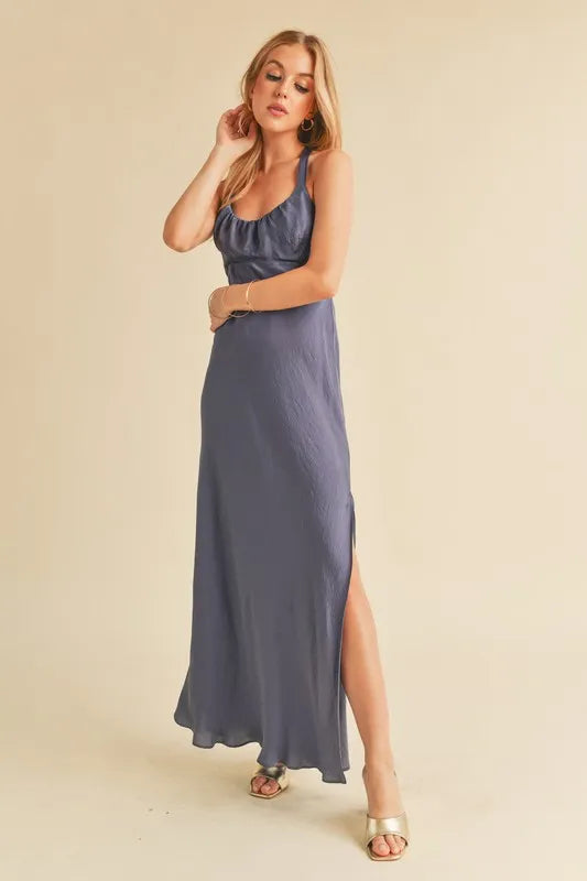 Aemi + Co Ruched Side Slit Cutout Back Maxi Cami Dress - Brittney MADE