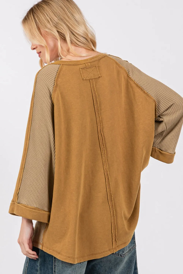 SAGE + FIG Star Applique Patch Exposed Seam Waffle Knit Top - Brittney MADE
