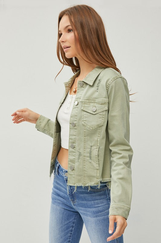 RISEN Full Size Raw Hem Button Up Cropped Denim Jacket Plus Size - Brittney MADE