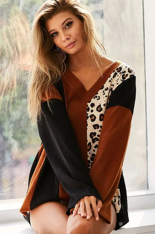 BiBi Brushed Thermal Color Block Top With Leopard - Brittney MADE