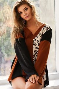 BiBi Brushed Thermal Color Block Top With Leopard - Brittney MADE