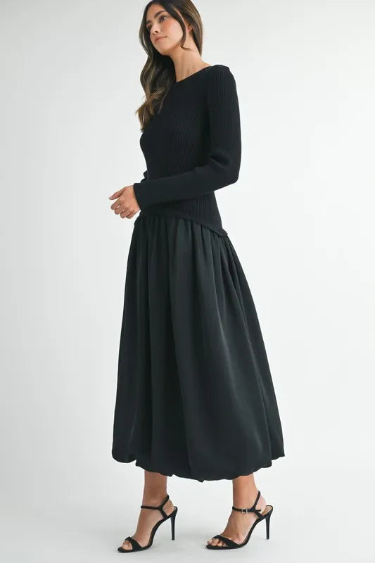 MABLE Ribbed Poplin Mix Midi Sweater Dress - Brittney MADE