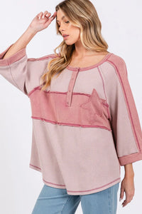 SAGE + FIG Star Applique Patch Exposed Seam Waffle Knit Top - Brittney MADE
