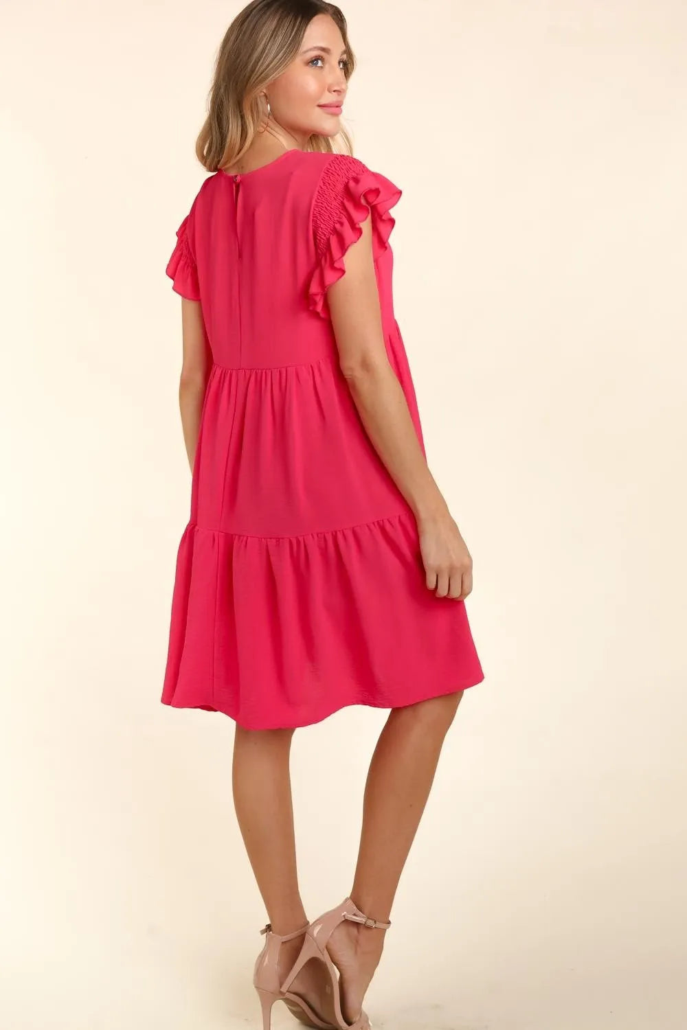 Haptics Full Size Smocking Ruffle Short Sleeve Dress with Pockets - Brittney MADE