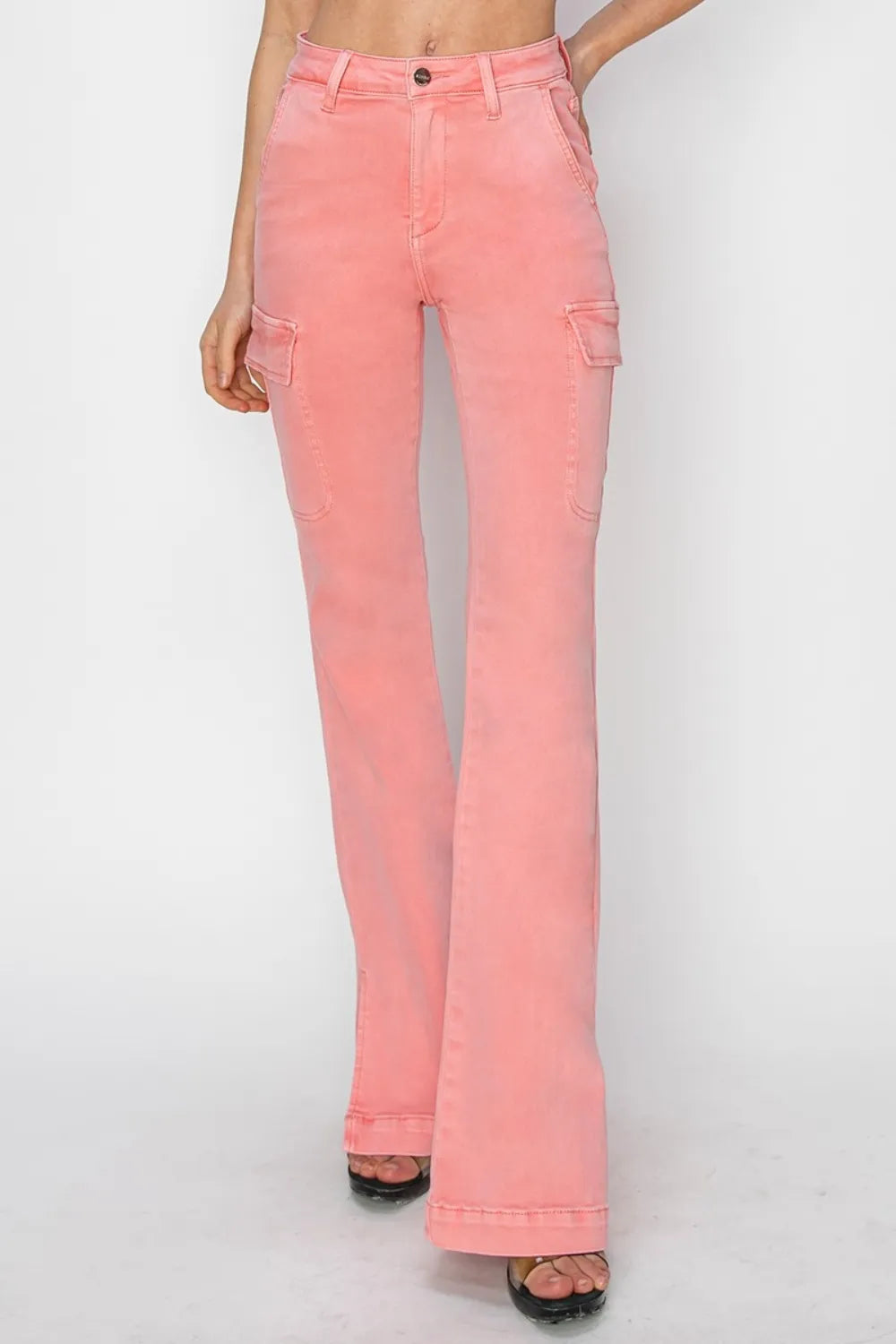 RISEN Full Size High Rise Side Slit Cargo Bootcut Jeans - Brittney MADE