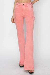 RISEN Full Size High Rise Side Slit Cargo Bootcut Jeans - Brittney MADE