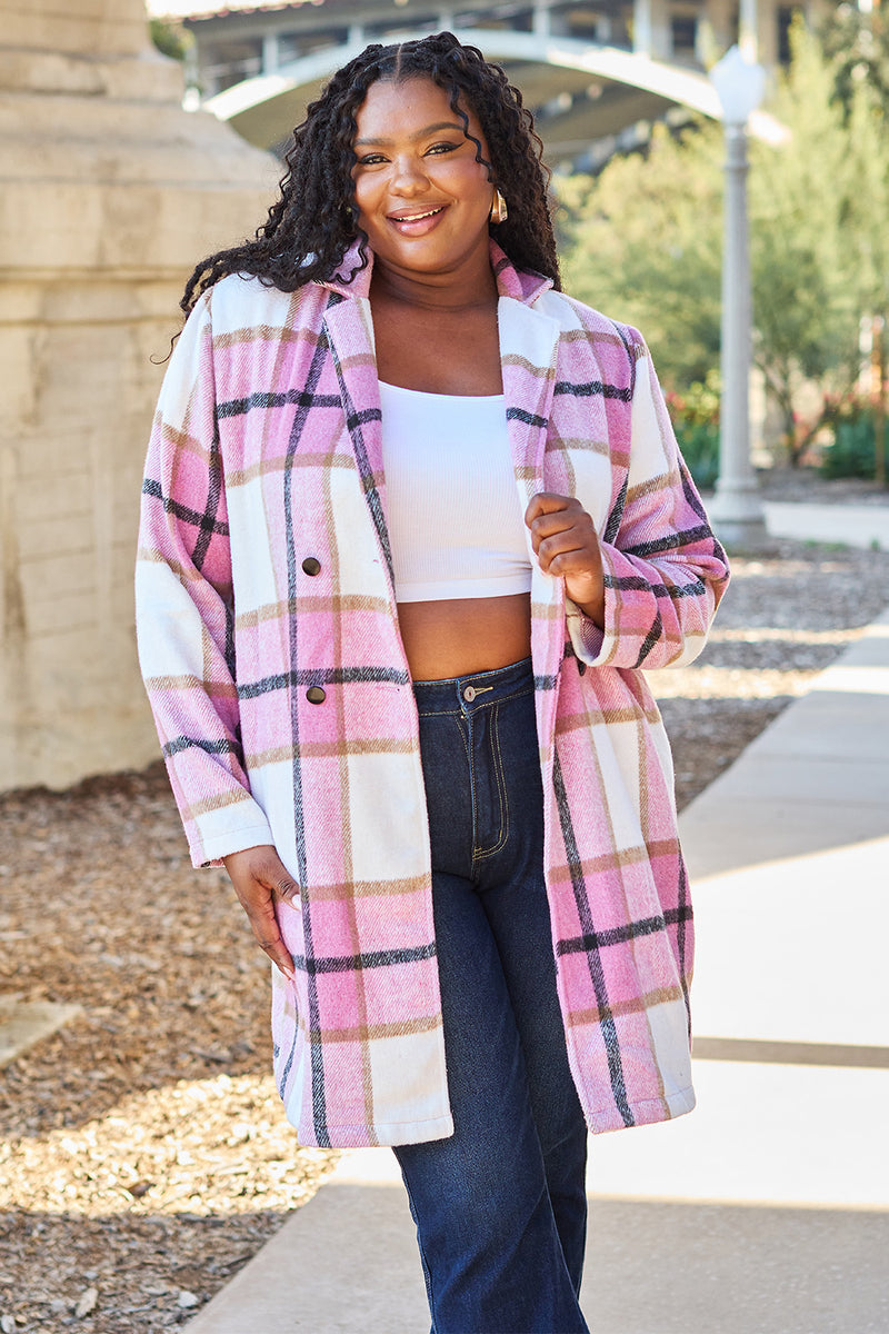 Double Take Full Size Plaid Button Up Lapel Collar Coat - Brittney MADE