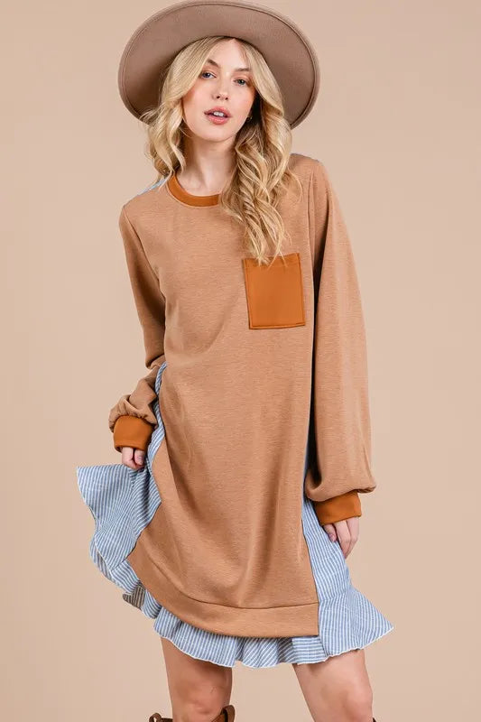 Ces Femme Striped Patchwork Round Neck Terry Sweatshirt Dress - Brittney MADE