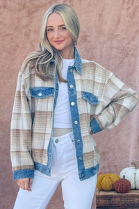 And The Why Full Size Washed Denim Detail Brushed Plaid Jacket - Brittney MADE