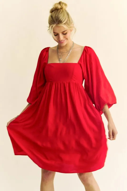 Davi & Dani Solid Textured Fabric Puff Sleeve Tie Back Dress - Brittney MADE