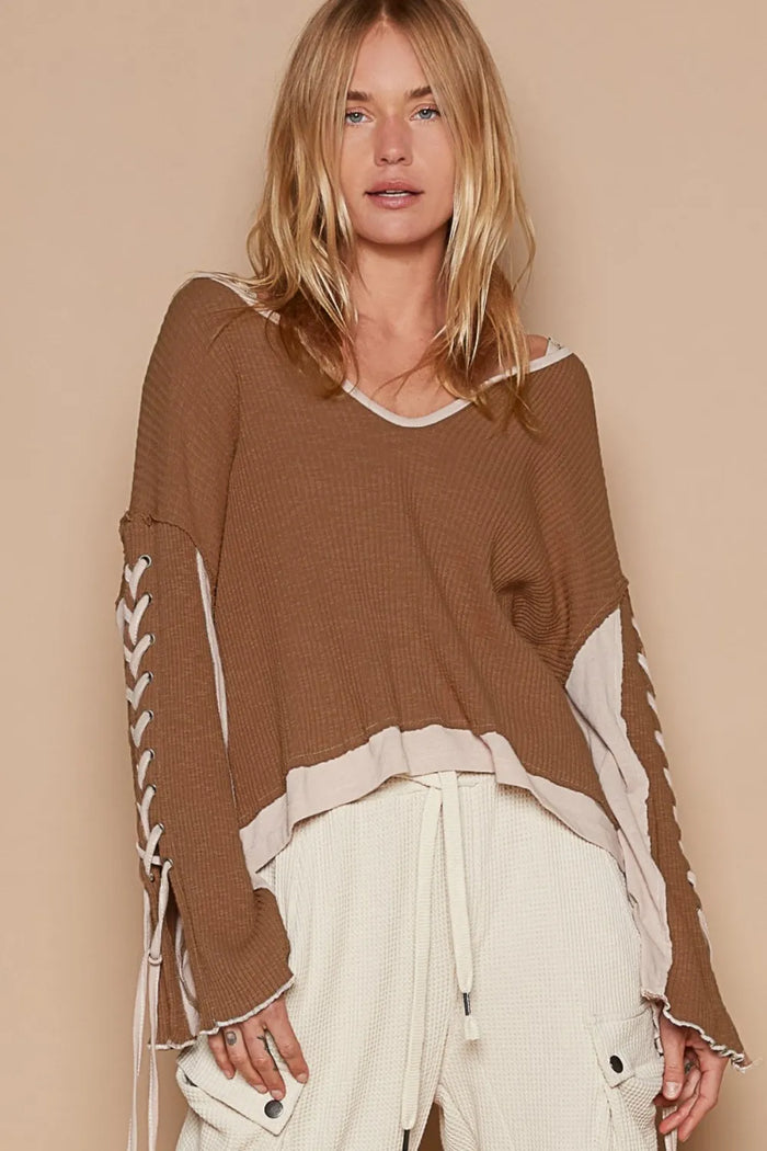 POL Lace-Up Sleeve Color Block Ribbed Knit Top - Brittney MADE