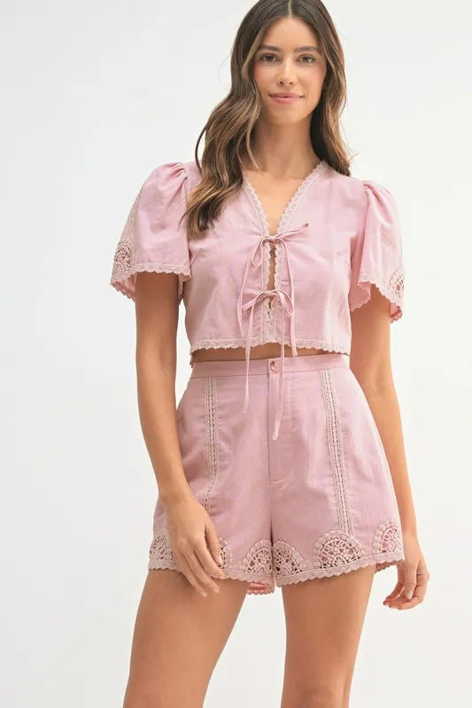 MABLE Crochet Lace Detail Crop Top and Shorts Set - Brittney MADE