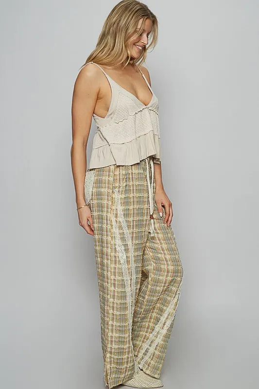 POL Lace Trim Drawstring Checkered Wide Leg Pants - Brittney MADE