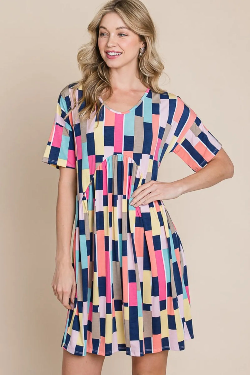BOMBOM Ruched Color Block Short Sleeve Mini Dress - Brittney MADE