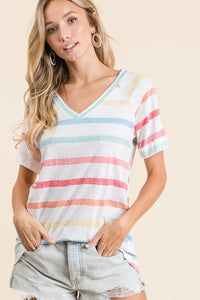 BiBi Striped V-Neck Short Sleeve T-Shirt - Brittney MADE