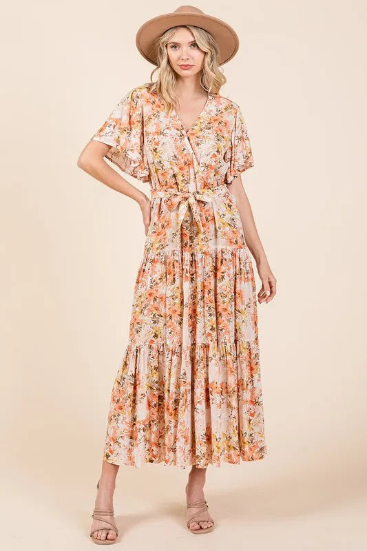 Mittoshop Floral Tie Waist Flutter Sleeve Tiered Dress - Brittney MADE
