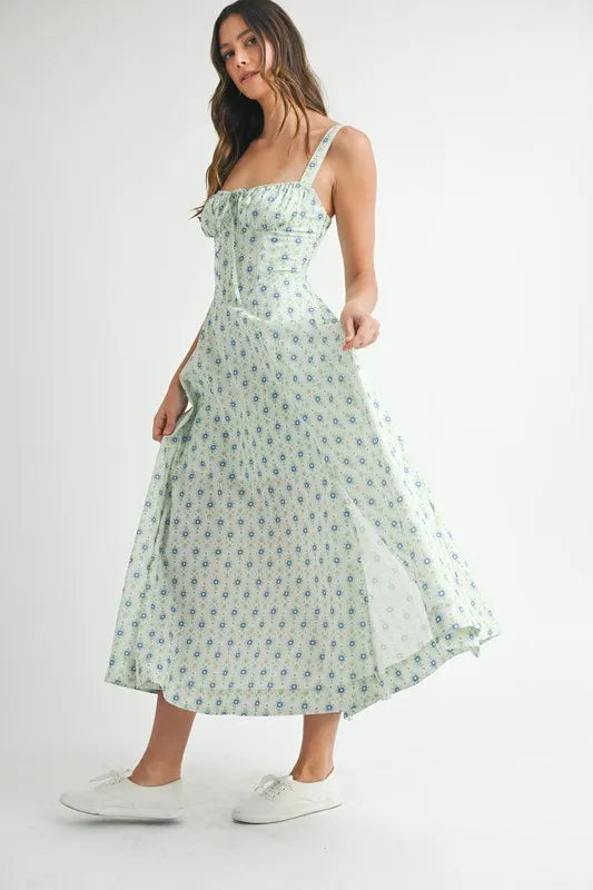 MABLE Floral Print Bustier Back Lace Up Midi Dress - Brittney MADE