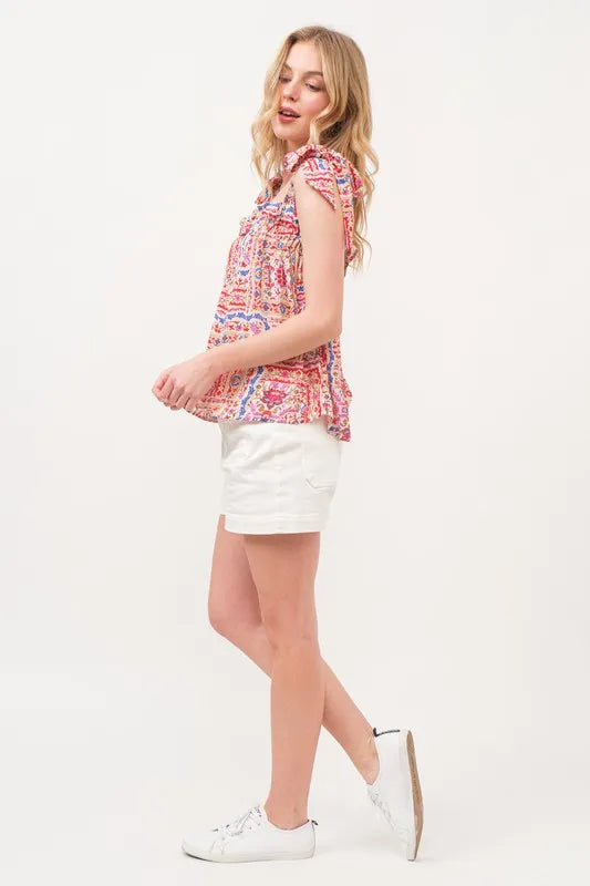 And The Why Ruffled Neck Tied Strap Boho Printed Swing Top - Brittney MADE