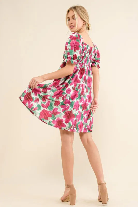 And The Why Smocked Floral Ruffle Short Sleeve Mini Dress - Brittney MADE