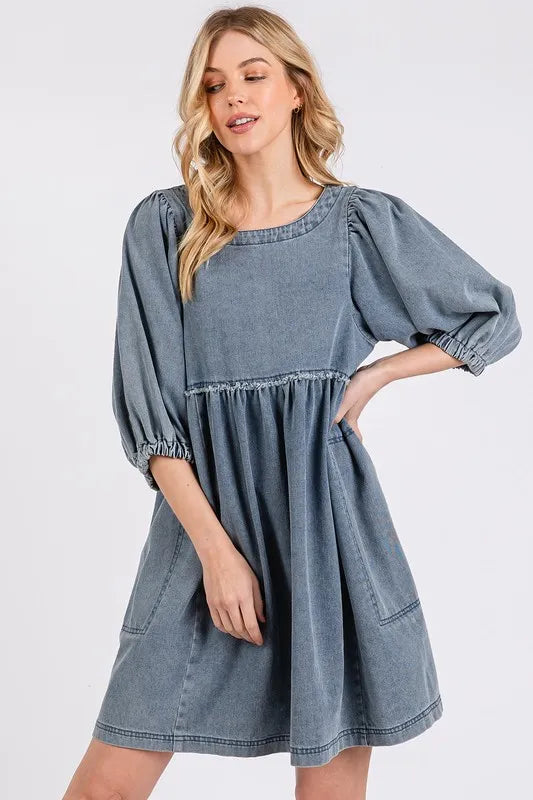 Mittoshop Washed Round Neck Puff Sleeve Denim Dress - Brittney MADE
