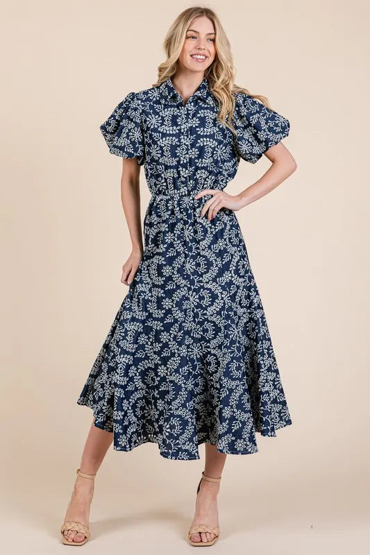GeeGee Natural Leaf Pattern Eyelet Lace Puff Sleeve Dress - Brittney MADE