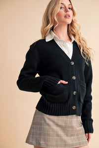 Aemi + Co Ribbed Hem Button Down V-Neck Cardigan - Brittney MADE